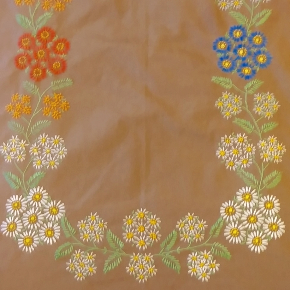 Brown Color Finished Multicolor Floral Hand Embroidery Oblong Tablecloth 59x90